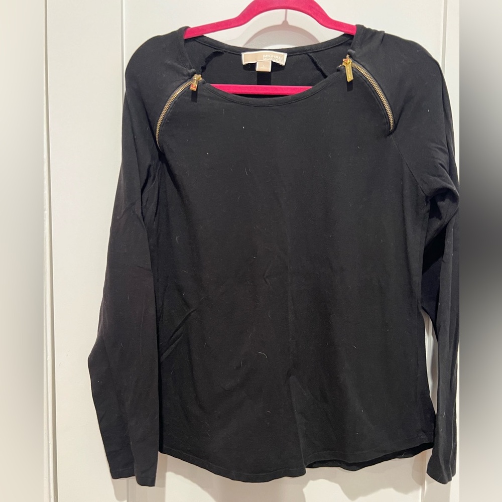 Women’s Michael Kors EUC Black Long Sleeve Shirt Two Gold Zippers Size L
